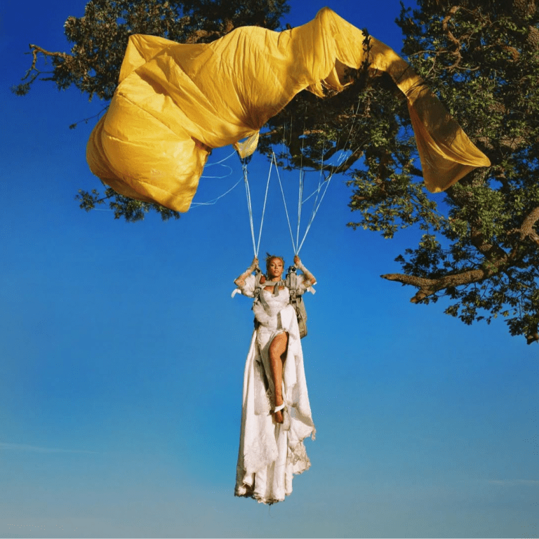 Doja Cat in parachute dress caught in tree branches — Vie album cover art