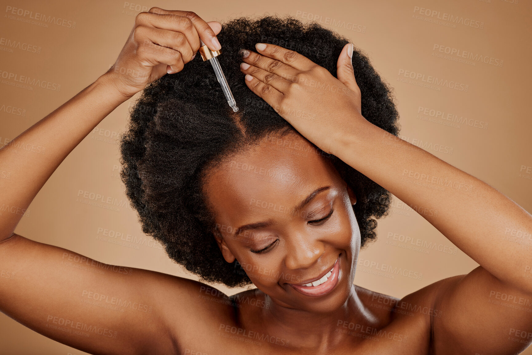2695623 Oil Serum Hair Care Or Black Woman With Afro In Studio On Brown Background For A Healthy Scalp Smile Pipette Or Natural African Girl At Hairdresser Salon For Hairstyle Treatment Or Beauty Makeover Zoom 90